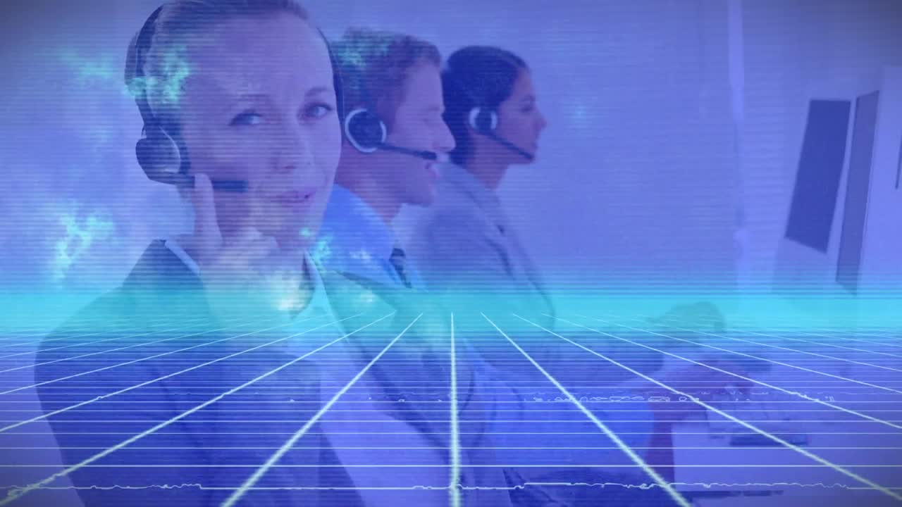 animación de líneas azules sobre personas de negocios que usan auriculares