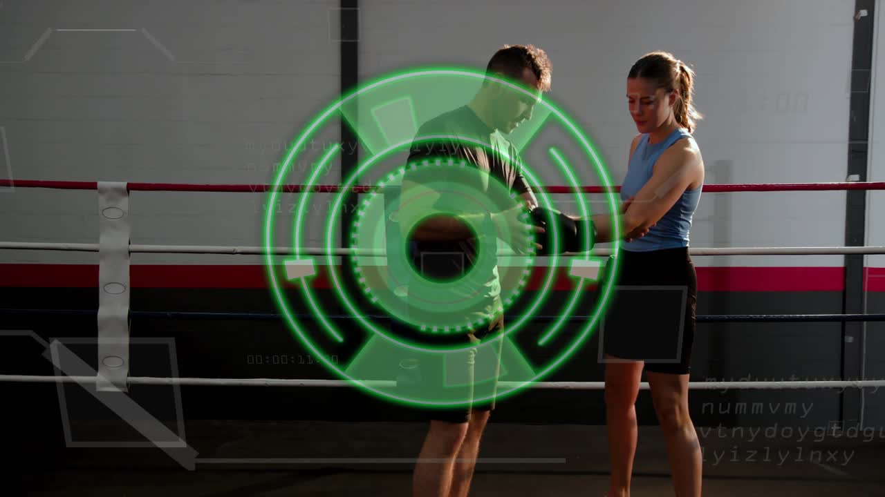 Training drill starting as female coach adjusting trainee hand wraps in boxing ring, HUD rotating