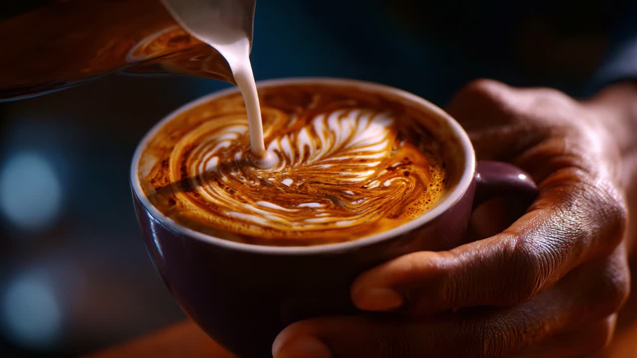 Artful Coffee Creation: Captivating Latte Art with Intricate Designs Being Poured into a Rich Brown Cup, Showcasing Barista Skill and Passion for Coffee Crafting