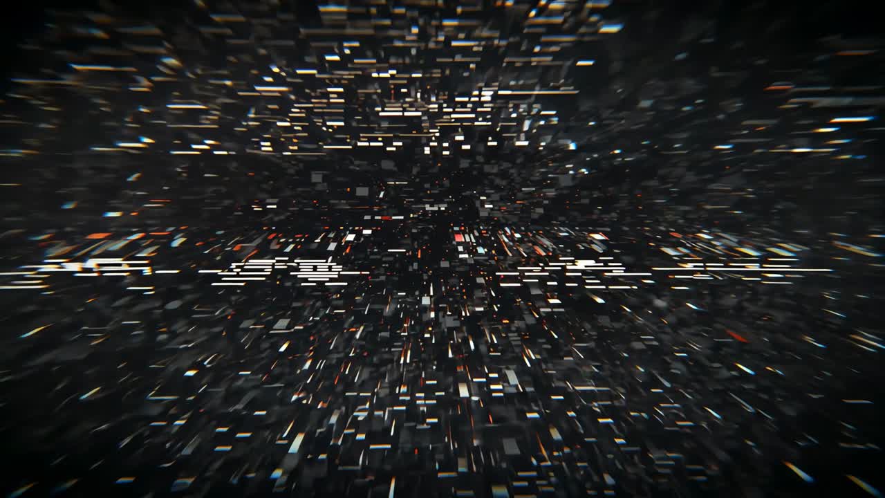 Streaming data fragments surging through data tunnel with glitch bands emerging for engaging effect