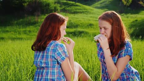 two twins of a teenage girl eat sandwiches 1