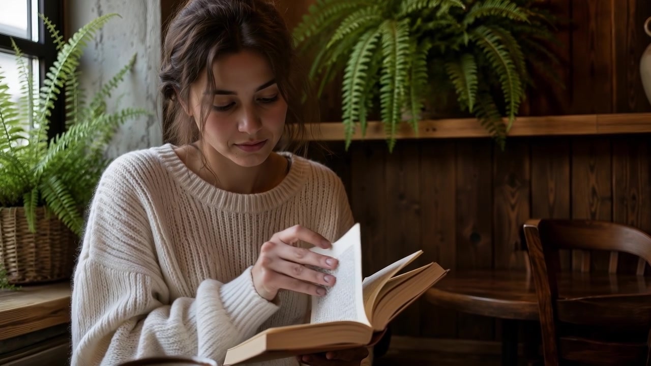 Giovane donna con un maglione bianco seduta all'interno di un accogliente caffè mentre legge un libro.
