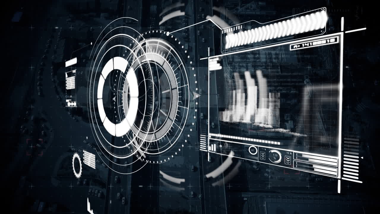 Animation of scope scanning and data processing over cityscape
