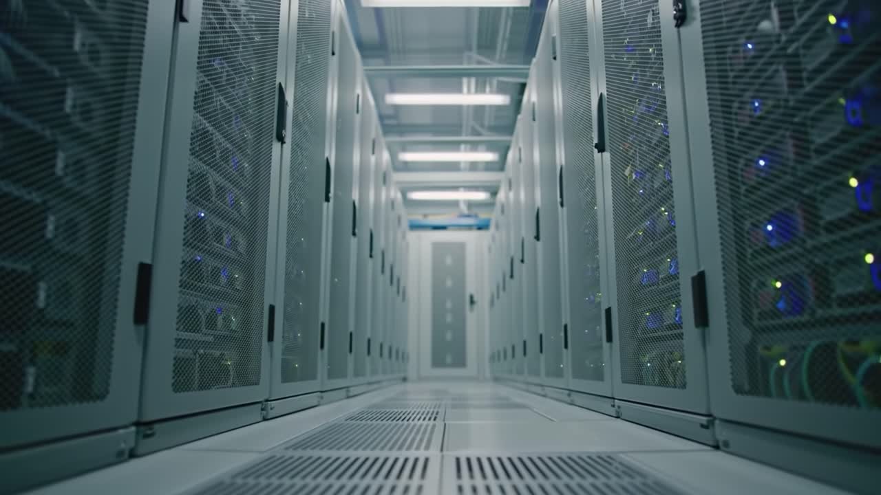 Inside a modern data center, rows of servers create a bustling environment filled with blinking lights.