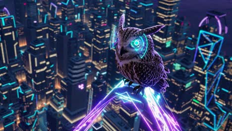 futuristic owl in a cyberpunk city