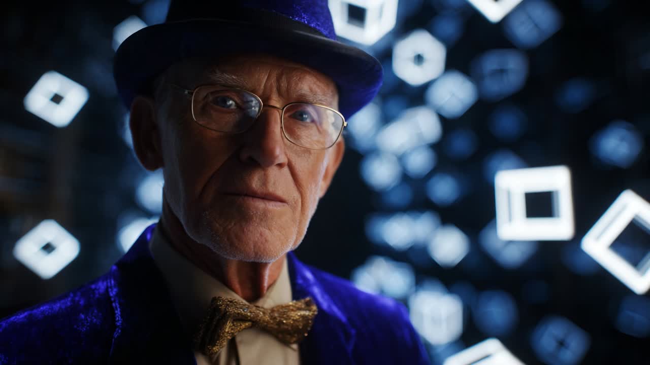A Thoughtful Elderly Man in a Purple Suit and Hat, Gazing Intently Against a Mysterious Background Filled with Glowing Shapes, Eliciting a Sense of Wonder and Contemplation in a Captivating Visual Scene