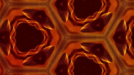 abstracción del micro-mundo de la nanotecnología. fondo 3d de ciencia ficción en bucle de 4k con partículas de oro brillantes forman líneas, superficies, patrones, estructuras caleidoscópicas simétricas complejas.