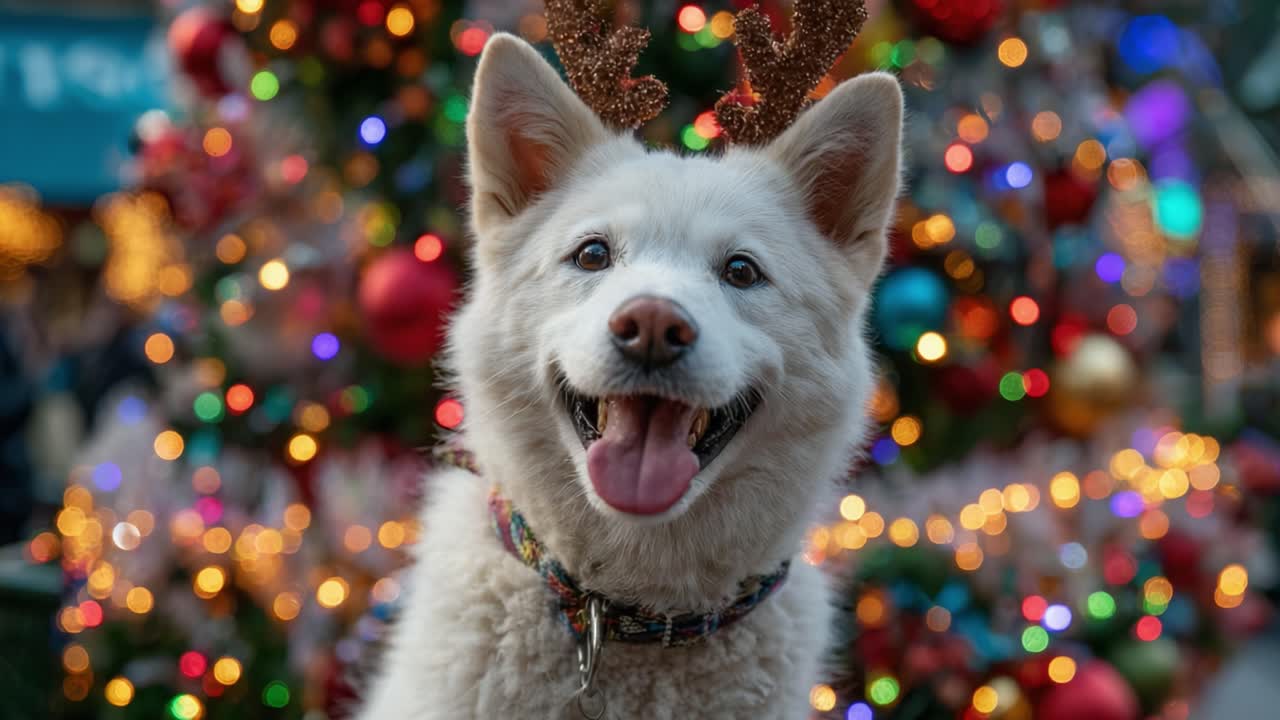 Joyful Holiday Spirit Captured in Two Frames: A Fluffy Dog with Reindeer Antlers Smiling Cheerfully Against a Colorful Christmas Tree Background