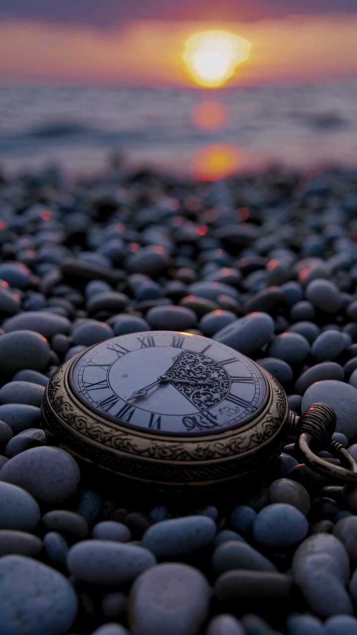 Vintage Pocket Watch Resting on Pebble Beach at Sunset