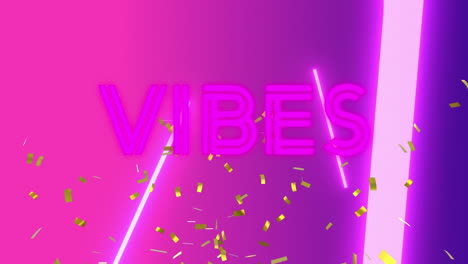 animación de vibraciones texto sobre confeti y luces de neón en fondo púrpura.