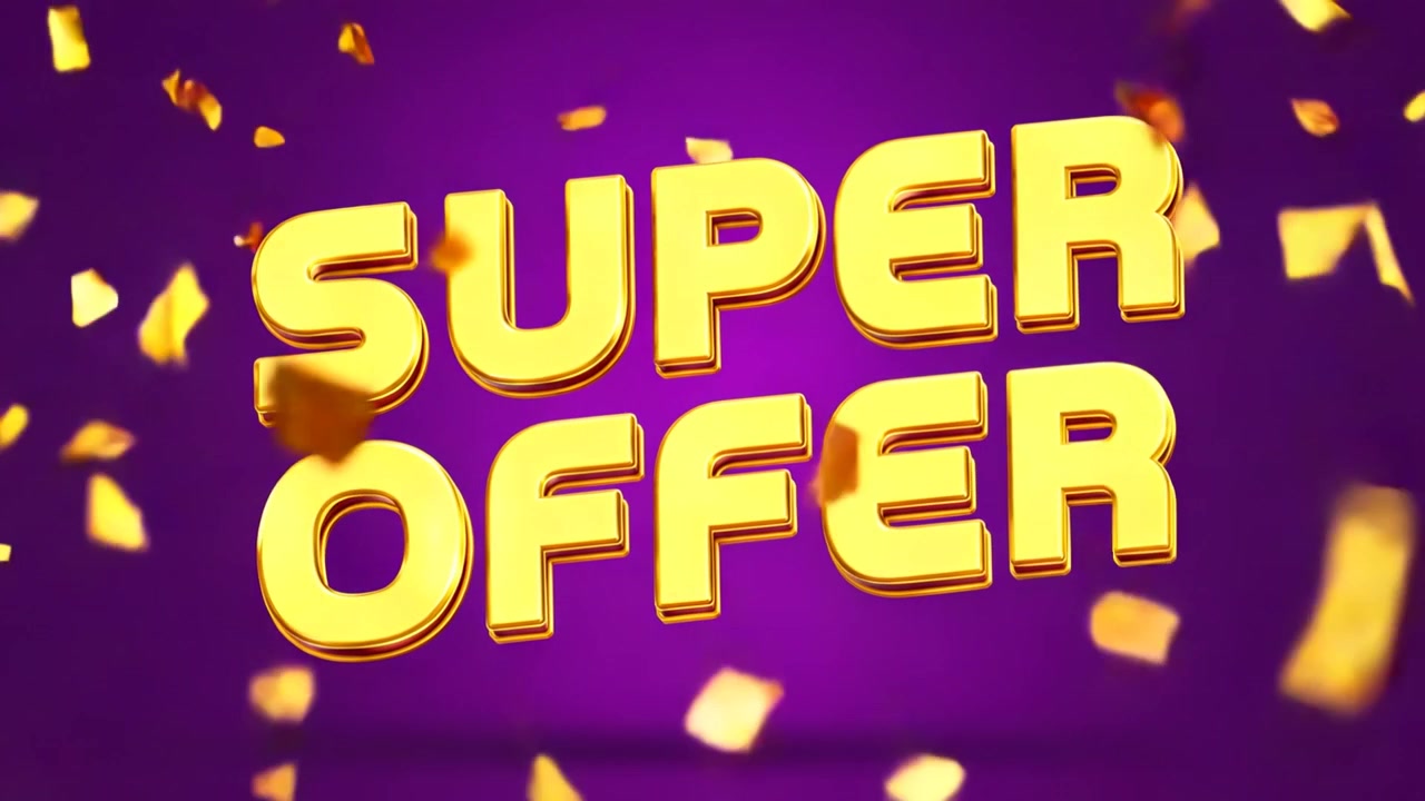Animazione banner promozionale Super Offerta con tipografia dorata in grassetto su sfondo viola