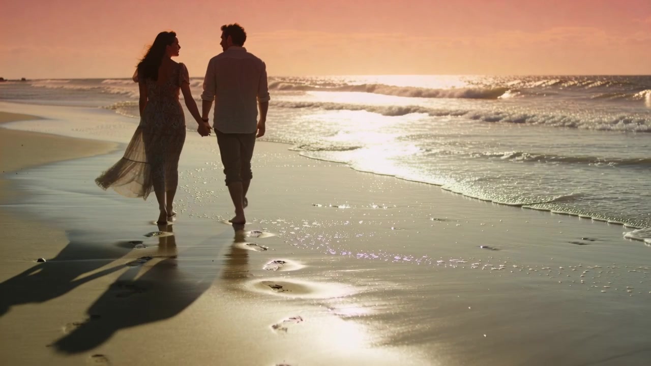 Couple marchant main dans la main sur la plage au coucher du soleil, femme en robe fluide, laissant des empreintes de pas.