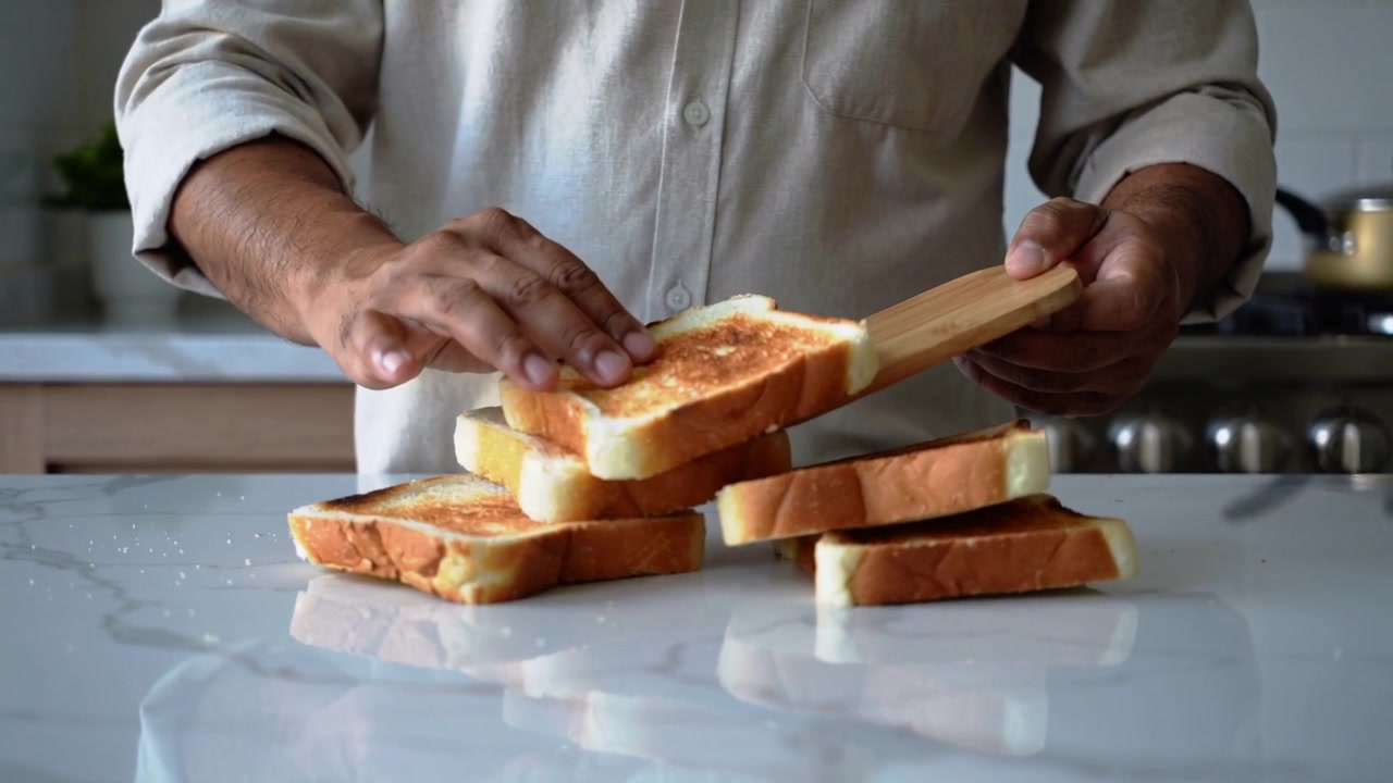 Homem de camisa bege empilhando pão torrado na bancada da cozinha com uma espátula de madeira para servir.