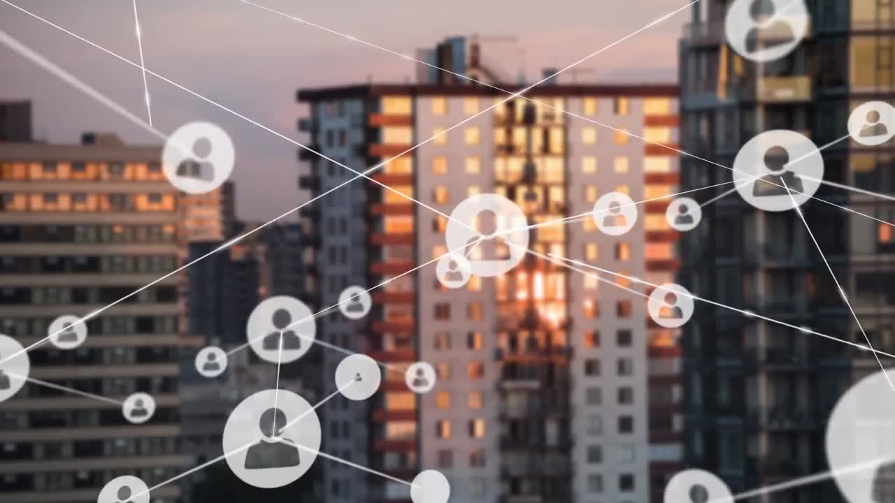 animación de la red de conexiones con las personas iconos sobre el paisaje urbano