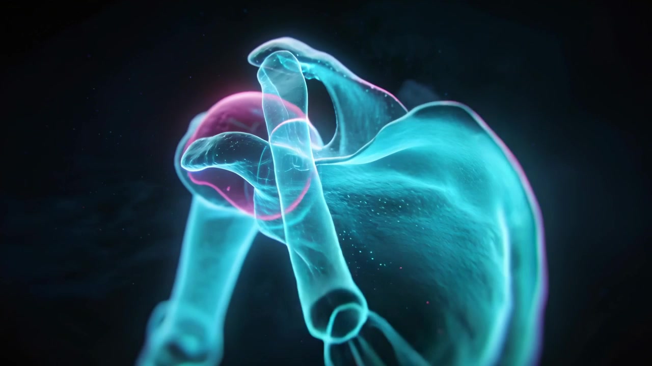 Kamera kredser om et 3D-skulderled, der roterer i et studie, og viser caput humeri glide inden i glenoid.