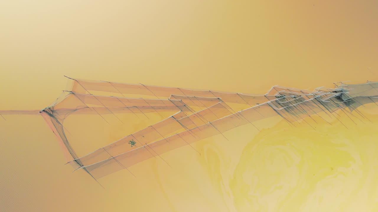 redes de peces de cabeza de flecha en las aguas verdes de algas marrones fangosas en el lago tonle sap