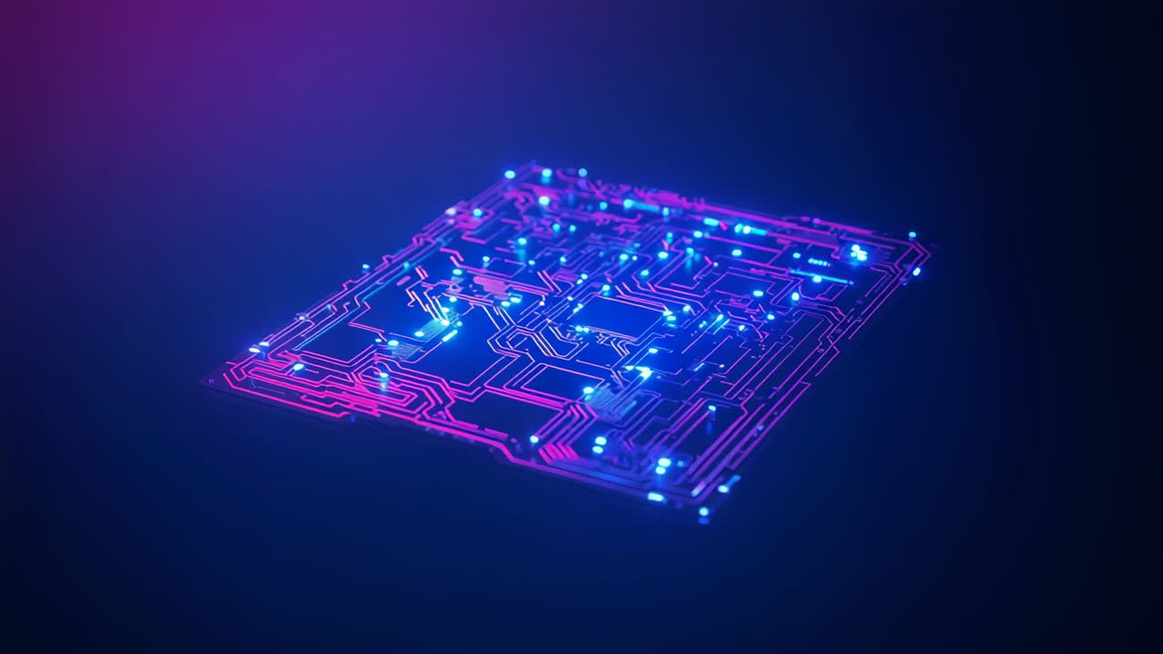 Magenta glow sparking circuit board rotating, pulsing data in void through pink traces, blue nodes