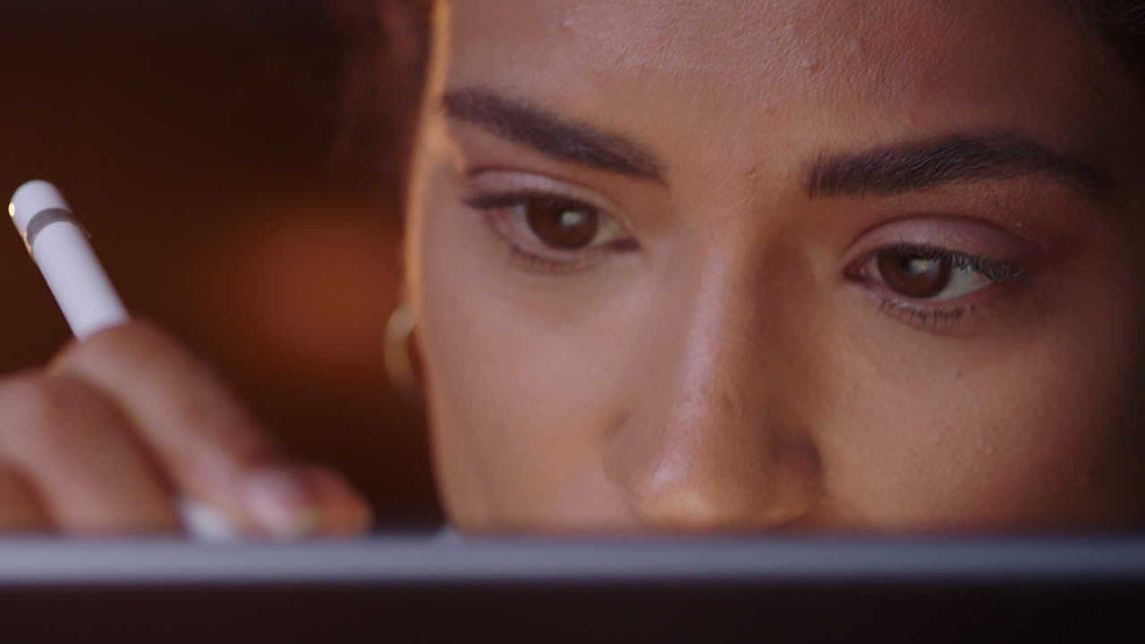 close up portrait beautiful business woman using tablet computer drawing on screen graphic designer working late sketching design artist with stylus pen