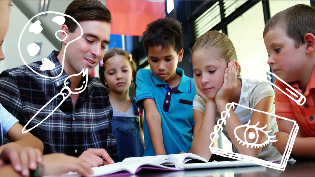 iconos del concepto artístico contra el maestro caucásico que enseña a estudiantes diversos en la escuela primaria