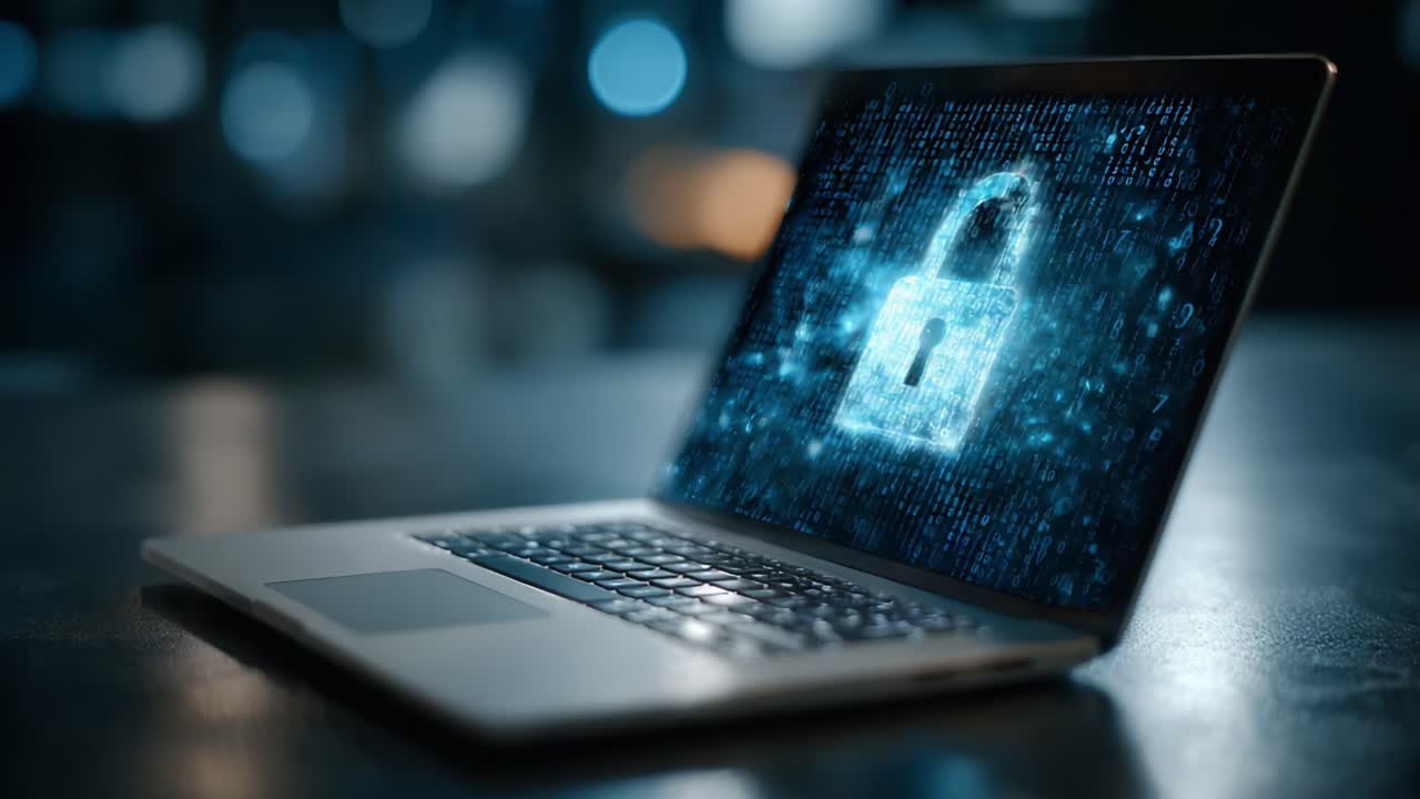 Digital Security Visualized: A Laptop Displaying a Lock Icon Digitally Rendered in a Cyber Environment, Representing Protection and Data Safety