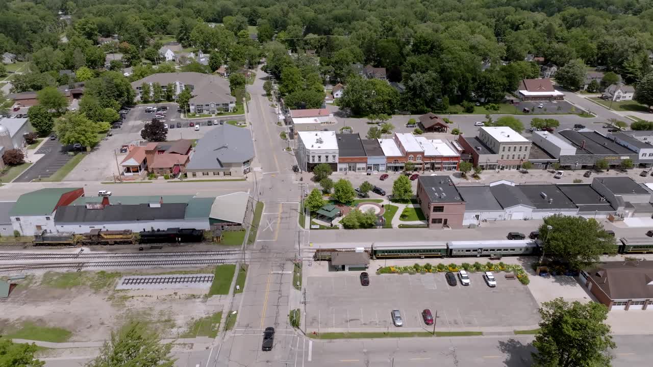 Downtown Howard City, Michigan with drone video moving sideways.
