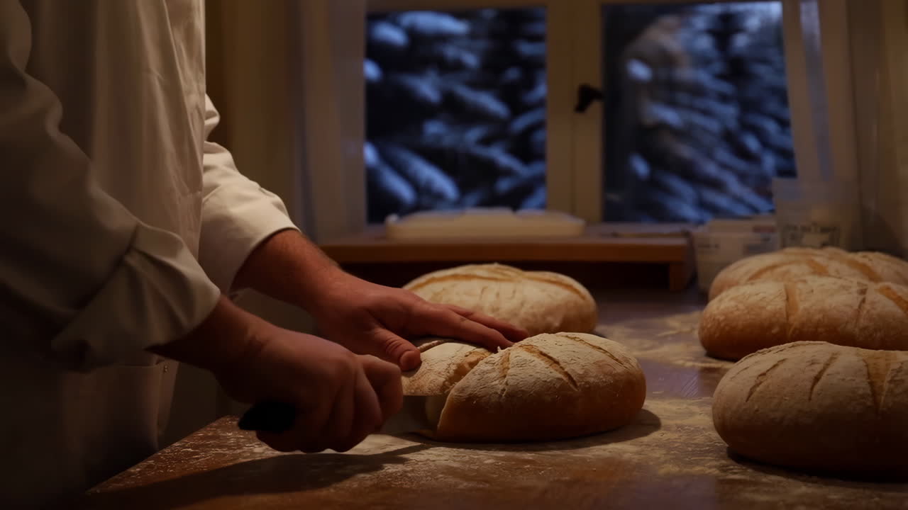 Baker Scoring Freshly Baked Bread Loaves in a Snowy Winter Setting