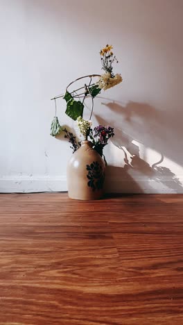 rustic flower arrangement on wooden floor