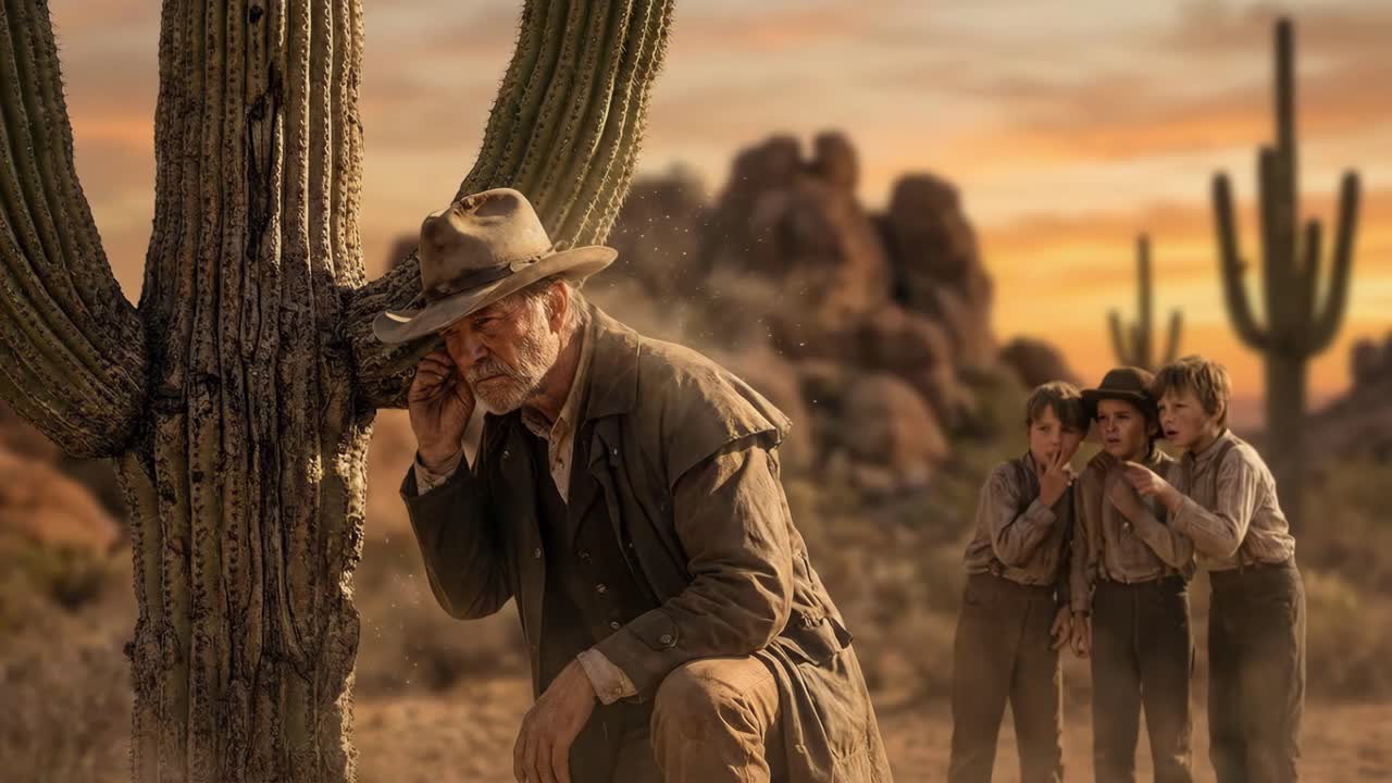 Man and Children in a Desert Landscape
