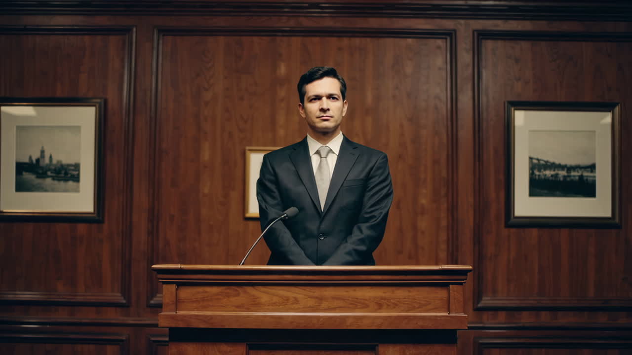 Businessman giving a speech at a podium