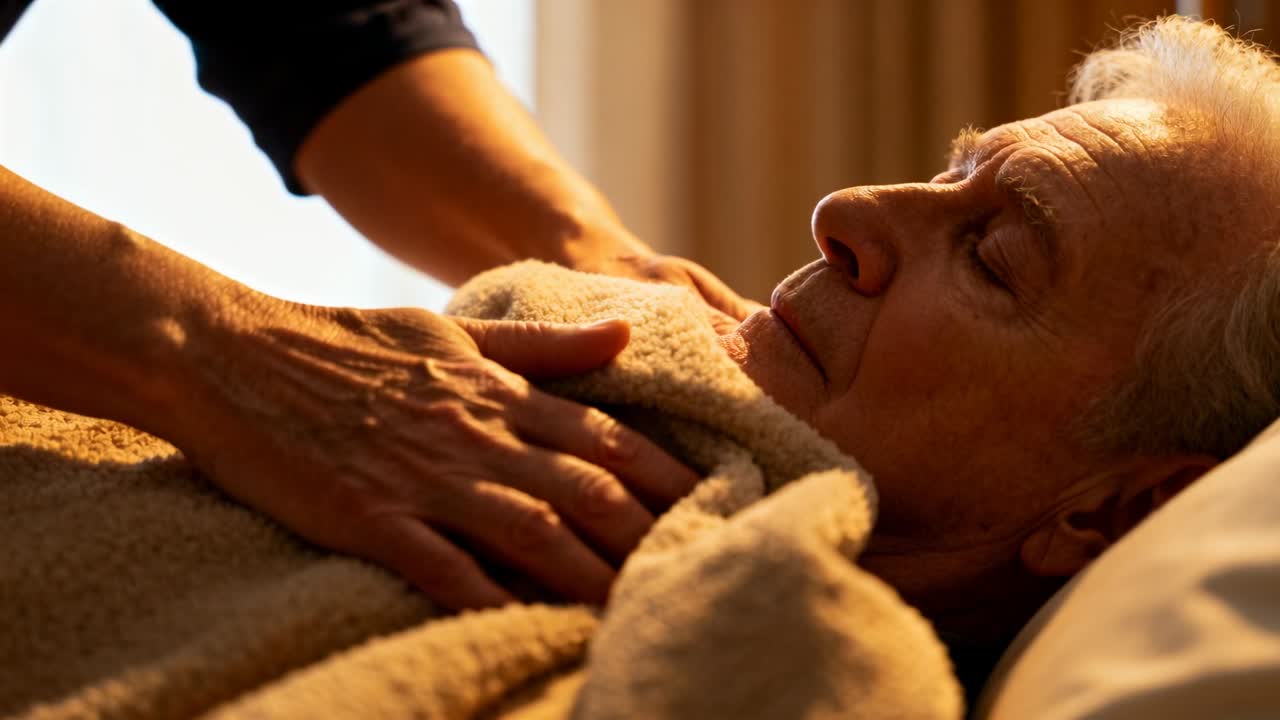 Reaching from left caregiver's hands in dark sleeves smoothing, tucking blanket in bed for comfort