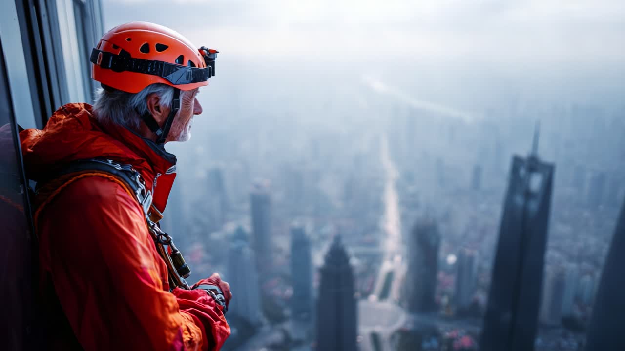 A seasoned climber gazes down from the edge of a towering skyscraper, embodying the thrill of urban exploration and the beauty of the sprawling city landscape below, shrouded in mist