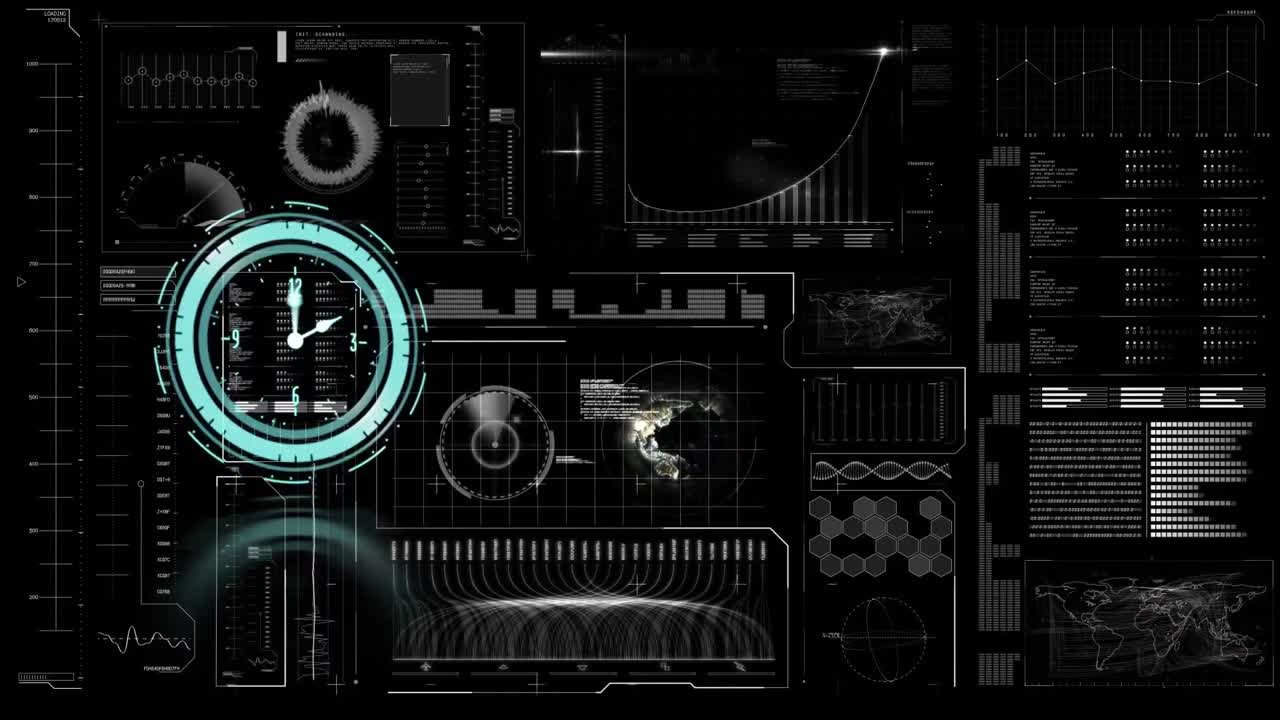 Animation of clock moving fast and data processing on digital screen