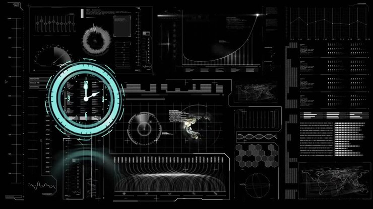 Animation of clock moving fast and data processing on digital screen