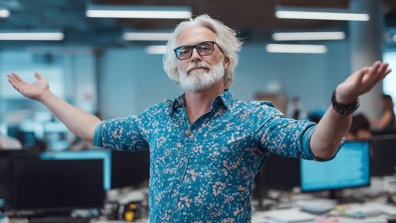 A Confident Professional with Grey Hair and Glasses Expresses Joy and Positivity in a Modern Office Setting with Coworkers and Technology in the Background