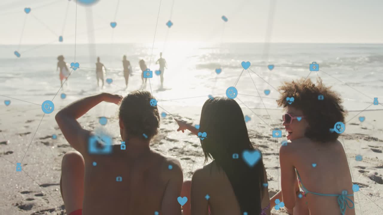 해변에 있는 친구들에 대한 디지털 아이콘 네트워크의 애니메이션