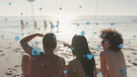 animación de una red de iconos digitales sobre amigos en la playa