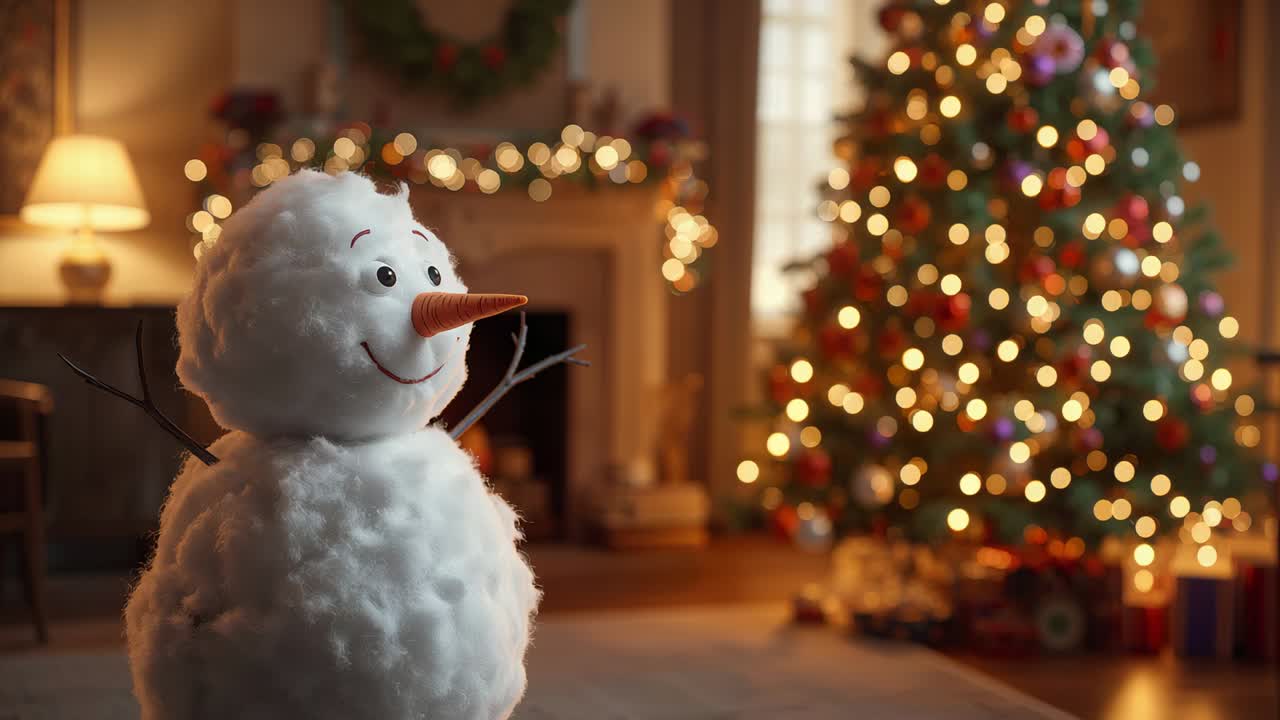 Panning camera moving in living room, revealing snowman and lit Christmas tree decor, copy space