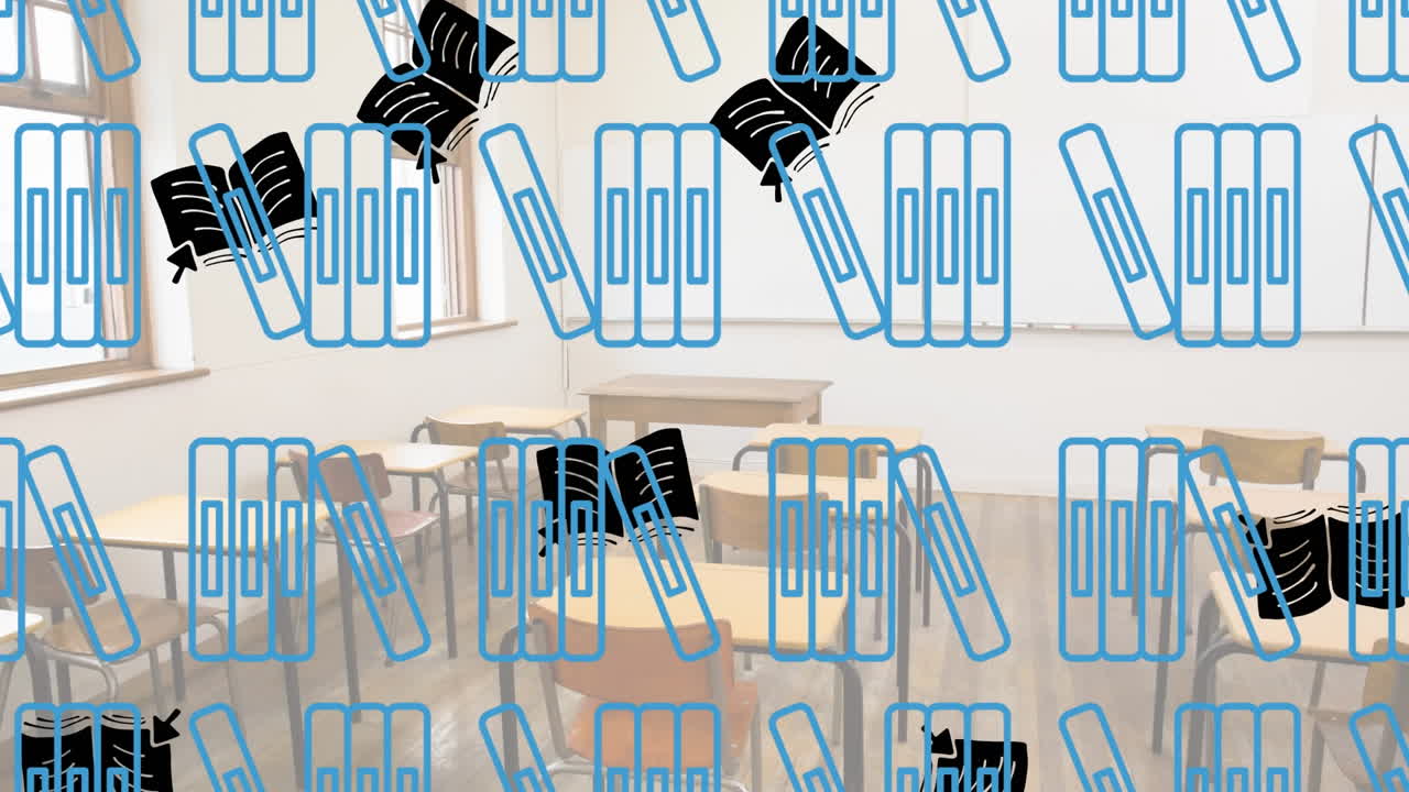 교실 위로 떠다니는 노트북과 떨어지는 책의 애니메이션