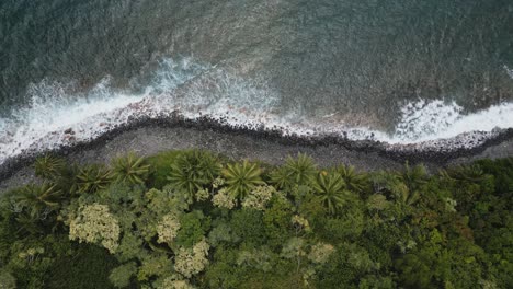 Toma-Aérea-De-Arriba-Hacia-Abajo-A-Lo-Largo-De-La-Costa-Rocosa-Con-Olas-Rompiendo-En-El-Punto-Kalaloa