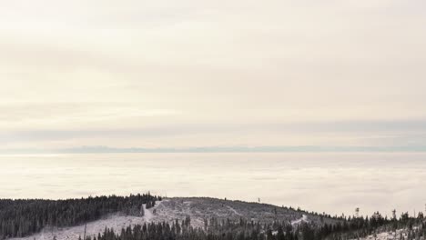 wide shot showing overgrown mountaintop during sunrise and cloudscape in background