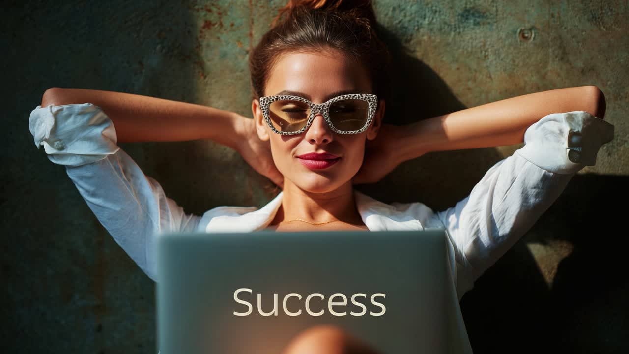 A Confident Young Woman Relaxing with Sunglasses and a Laptop, Emphasizing the Theme of Success While Exuding a Casual and Stylish Vibe in a Trendy Setting