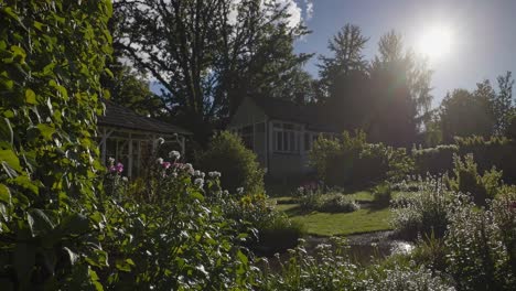charming country cottage garden in sunlight