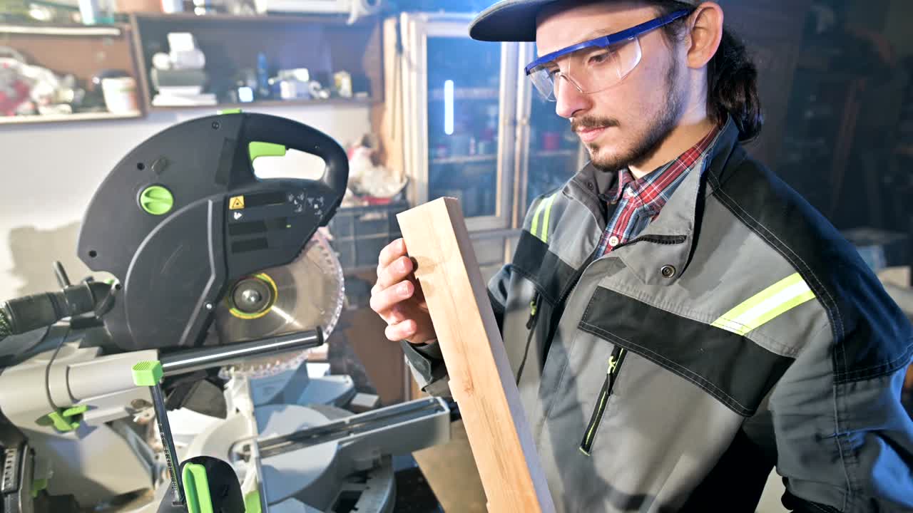 Concentrated young bearded joiner in goggles and a cap checks the work piece