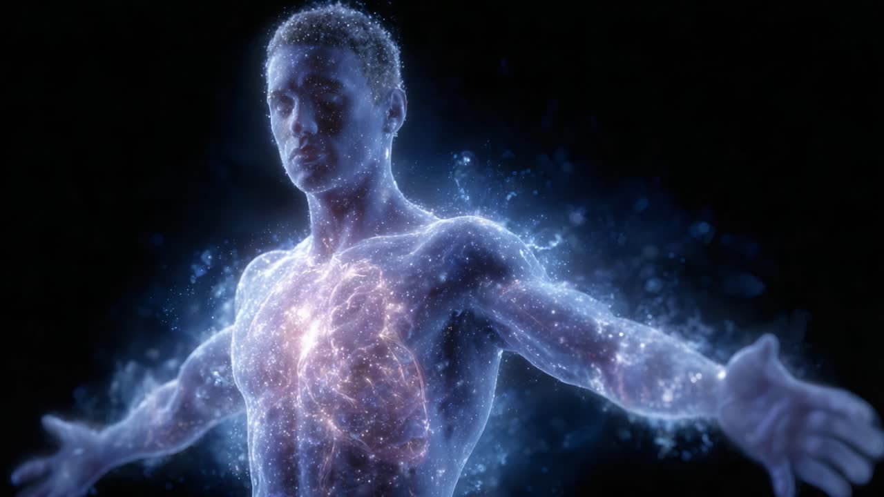 A mesmerizing transformation of a human figure illuminated by cosmic energies, showcasing the intricate patterns of light and color emanating from the heart, symbolizing vitality and connection to the universe