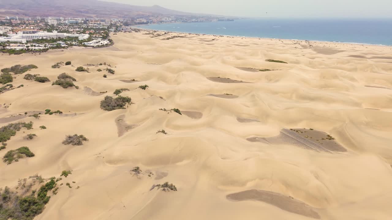 Sand dunes desert against seascape in Maspalomas Gran Canaria deserts near seashore