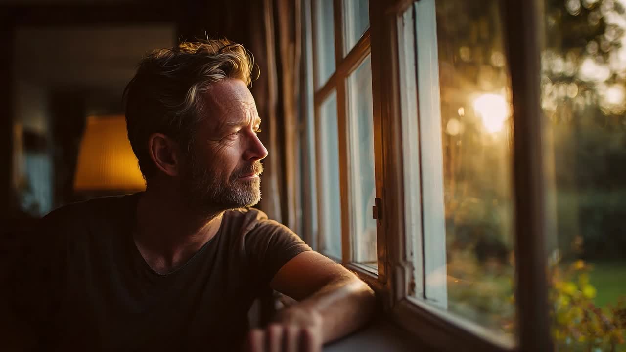 Uomo che guarda pensieroso fuori da una finestra al tramonto