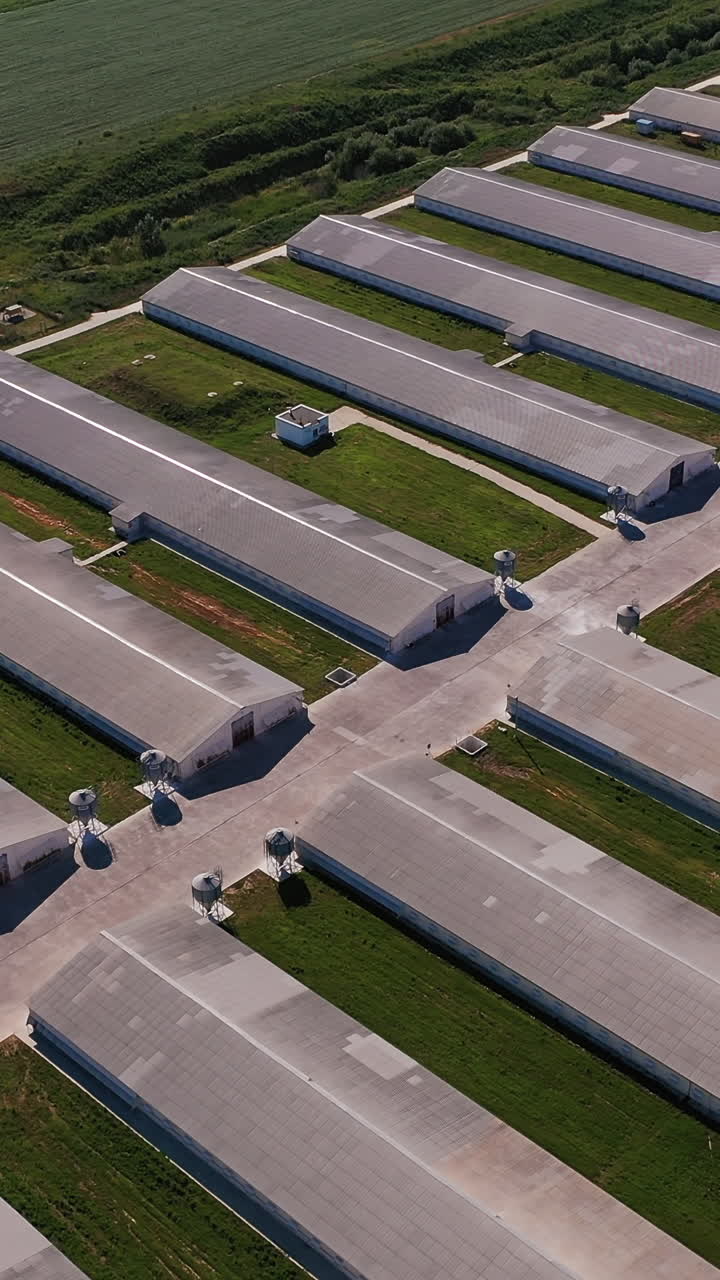 Industrial aerial view hangars. Technology modern countryside farming. Vertical video