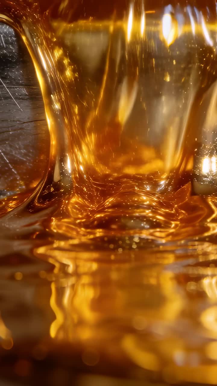 Video verticale: Versamento di liquido denso color ambra che scorre verso il basso, raccogliendosi in una pozza su un vassoio graffiato.
