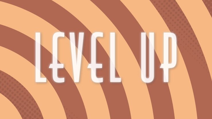 Animation of level up text banner against brown radial background