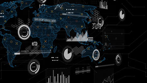 Weltkarte-Mit-Datendiagrammen-Und-Grafiken,-Globale-Analyseanimation